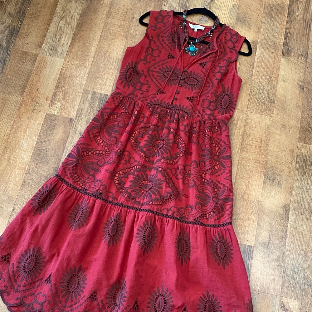 Sea New York Red Embroidered Tiered Midi Dress